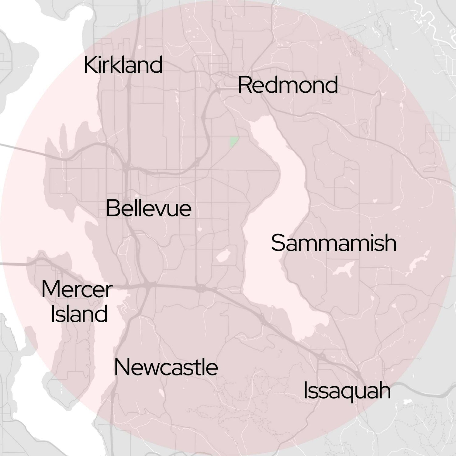 Map of cities within the Back Mechanics service area covering Bellevue and the Greater Eastside.